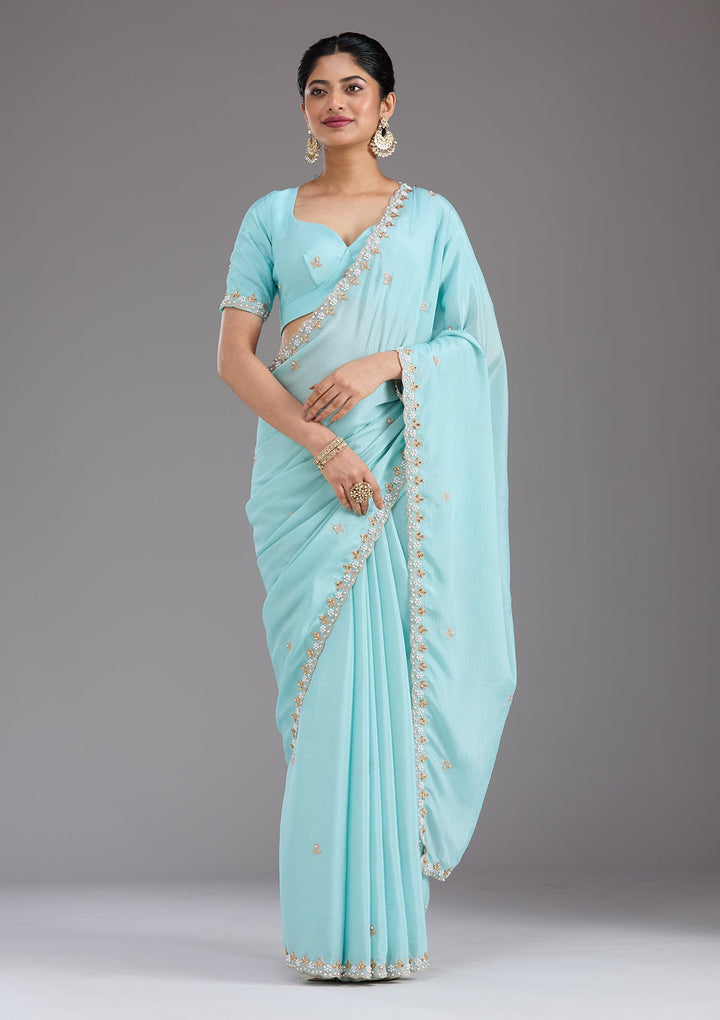 Sky Blue Zariwork (Gold) Chinon Saree_koskii
