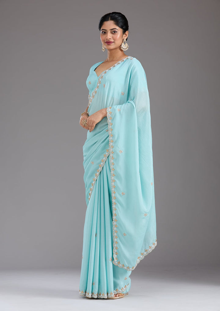 Sky Blue Zariwork (Gold) Chinon Saree_koskii