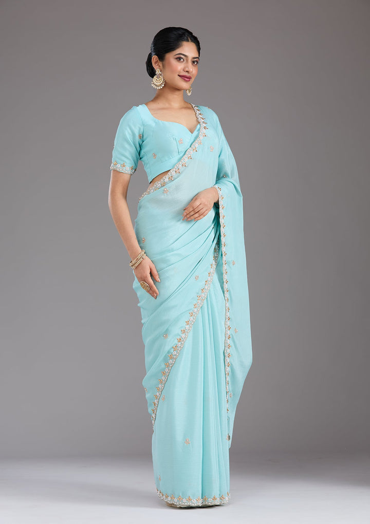 Sky Blue Zariwork (Gold) Chinon Saree_koskii