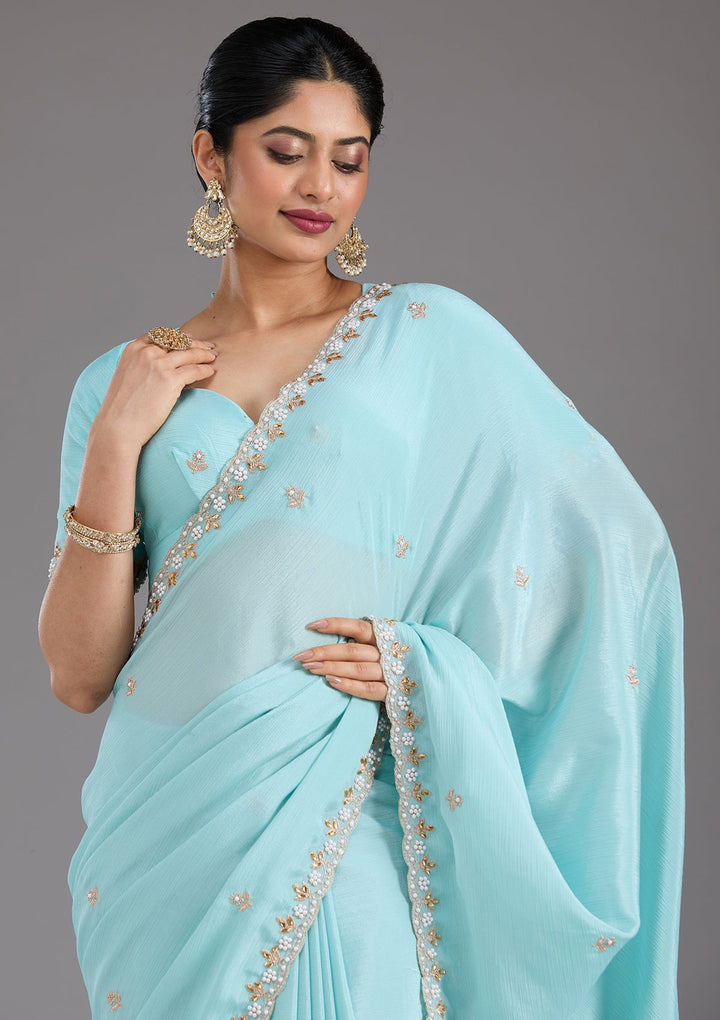 Sky Blue Zariwork (Gold) Chinon Saree_koskii