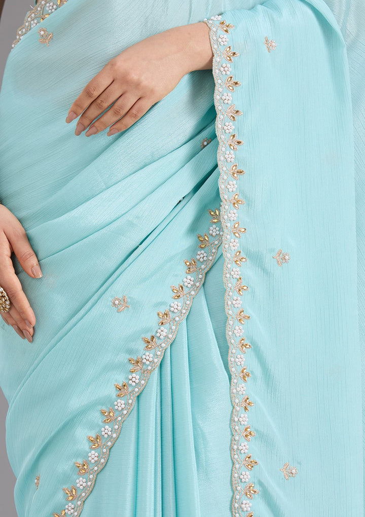 Sky Blue Zariwork (Gold) Chinon Saree_koskii