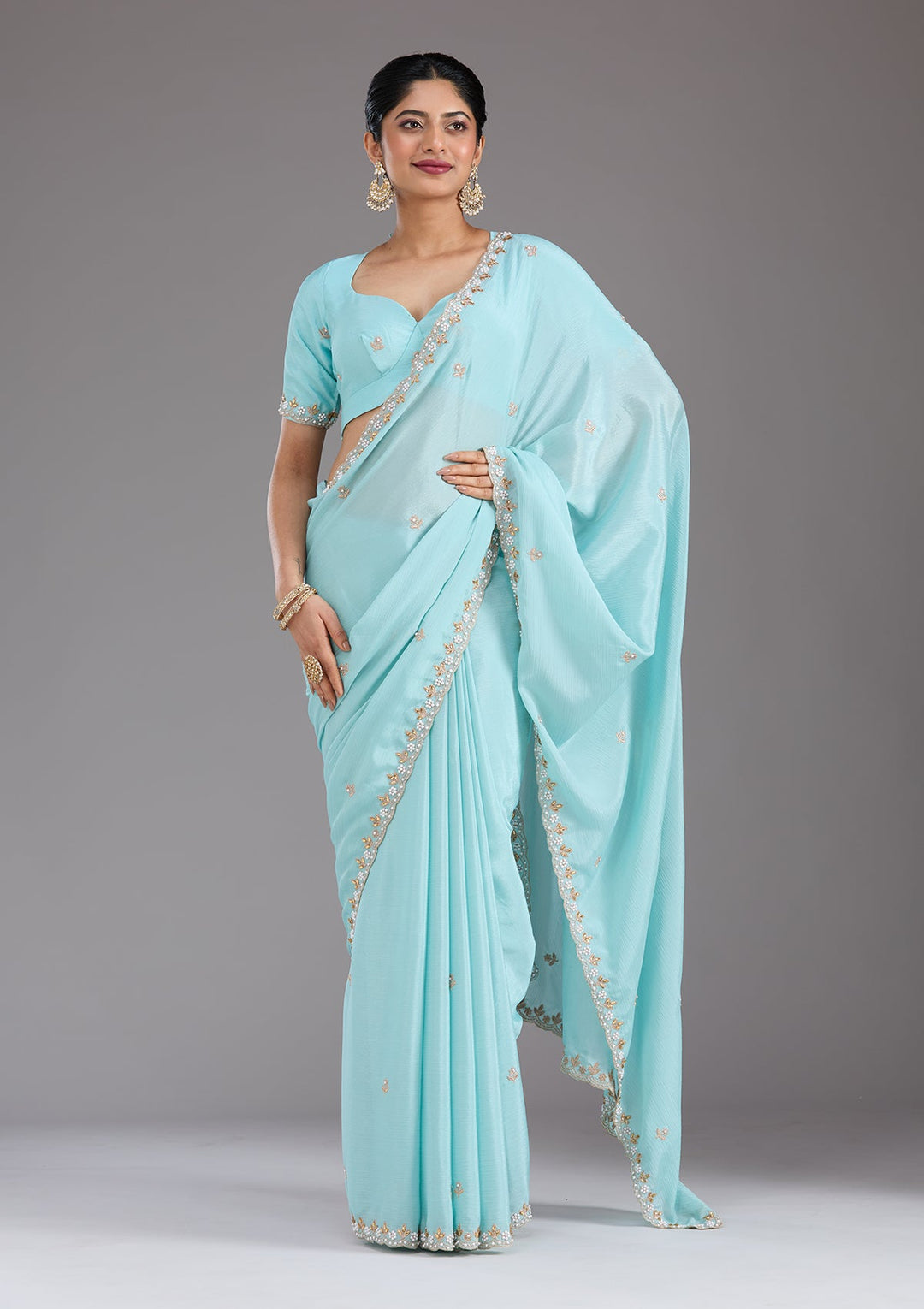 Sky Blue Zariwork (Gold) Chinon Saree_koskii