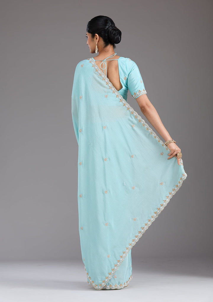 Sky Blue Zariwork (Gold) Chinon Saree_koskii