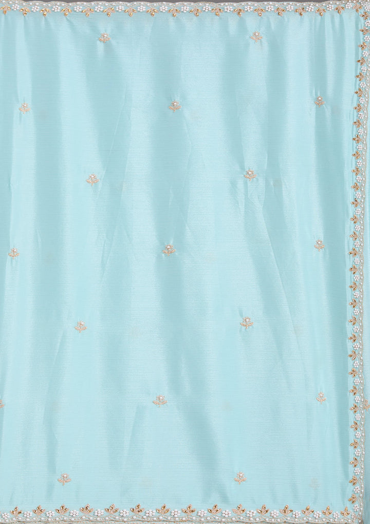 Sky Blue Zariwork (Gold) Chinon Saree_koskii