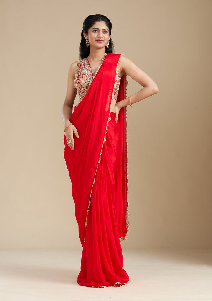 Red Cutdana Satin Saree-koskii