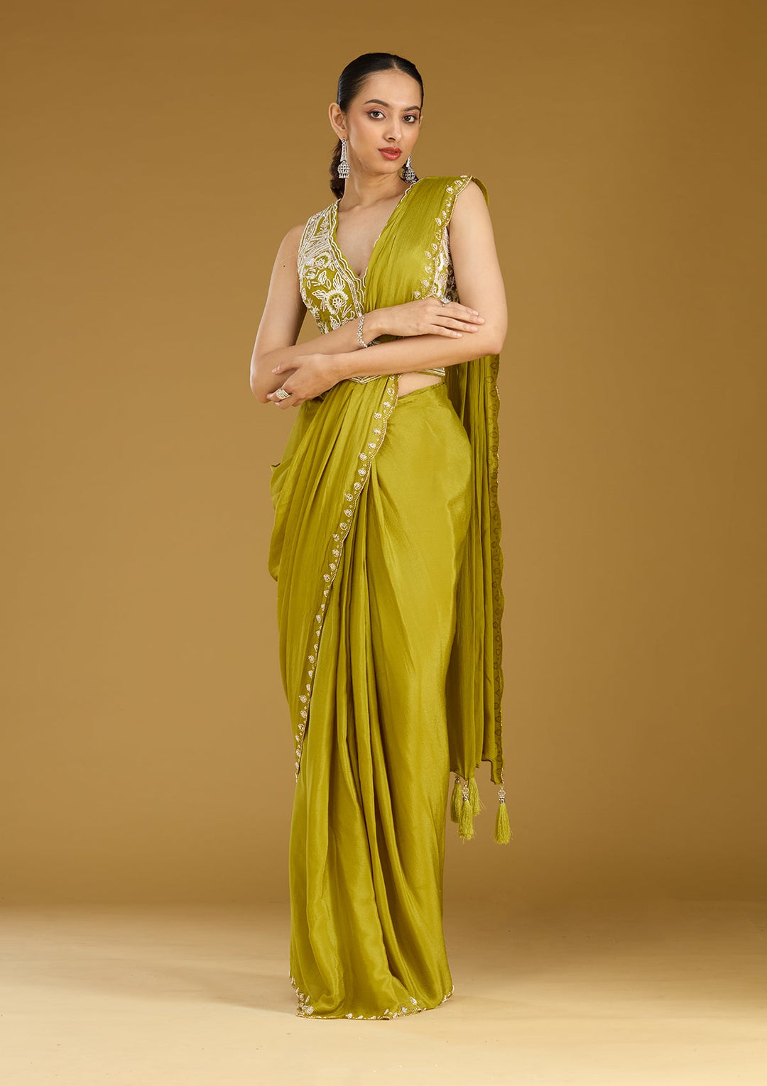 Mehandi Green Cutdana Satin Saree
