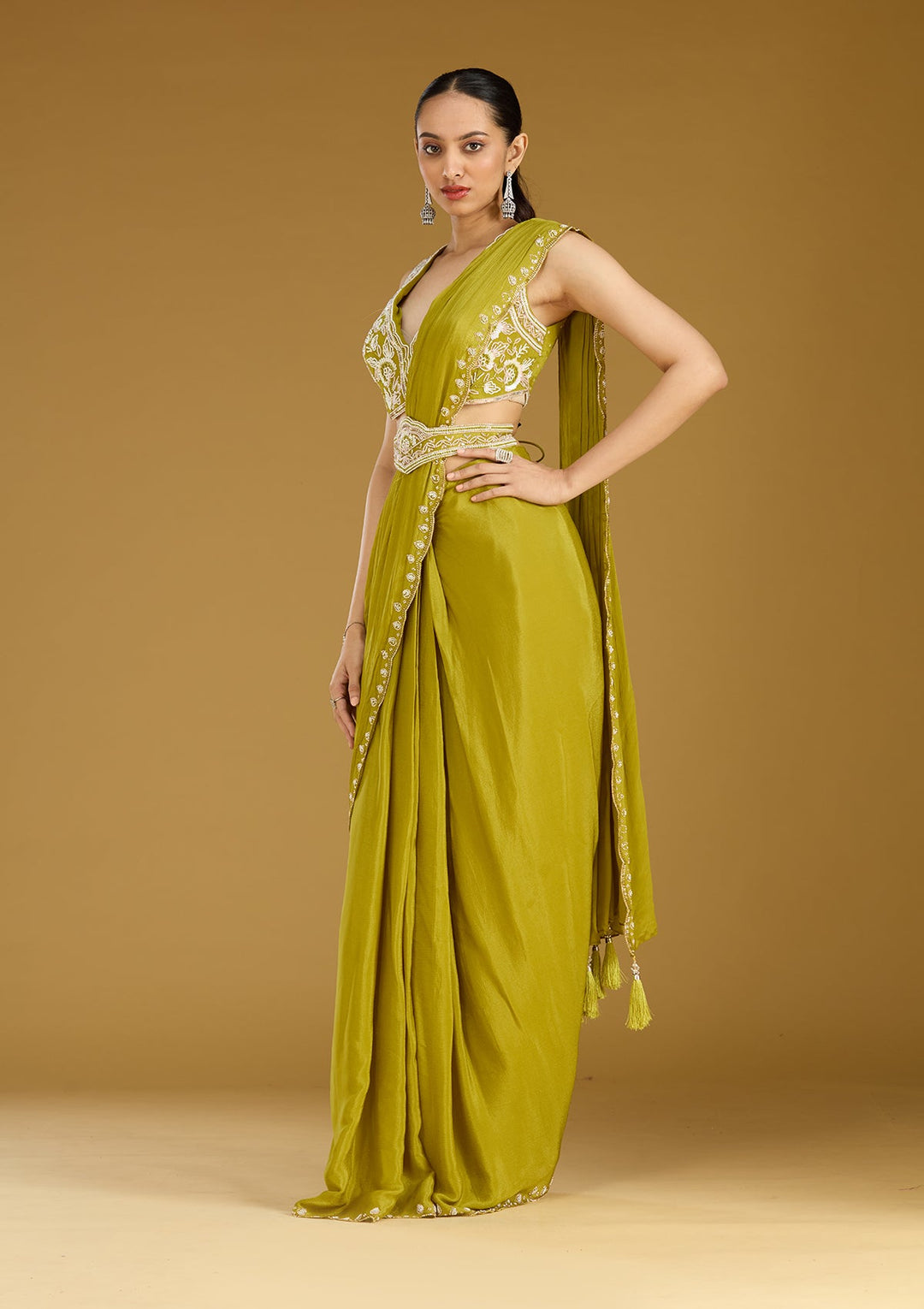 Mehandi Green Cutdana Satin Saree
