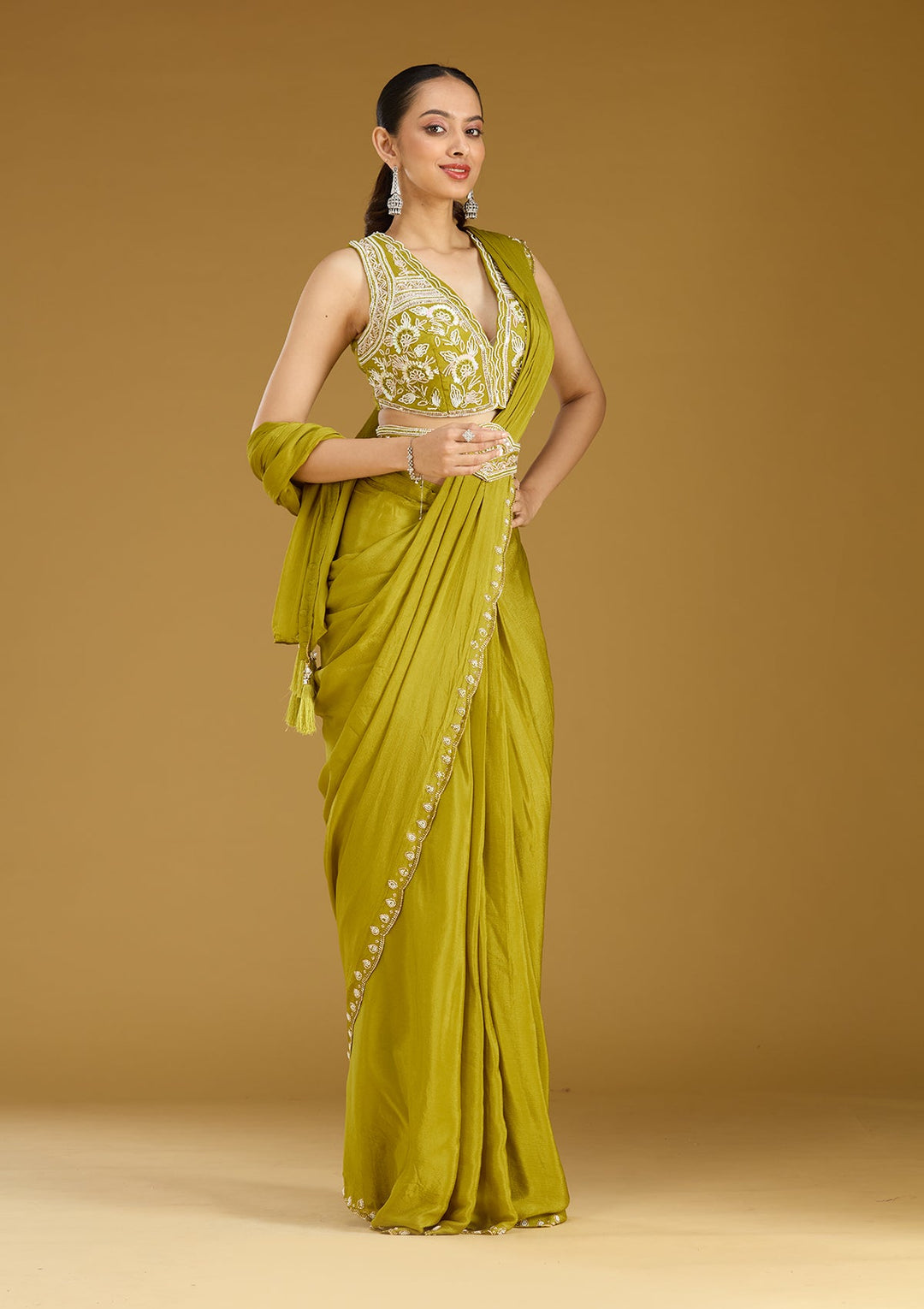 Mehandi Green Cutdana Satin Saree