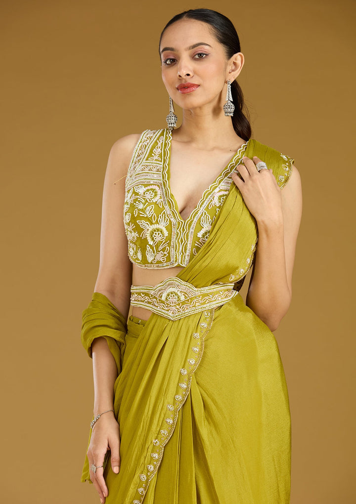 Mehandi Green Cutdana Satin Saree