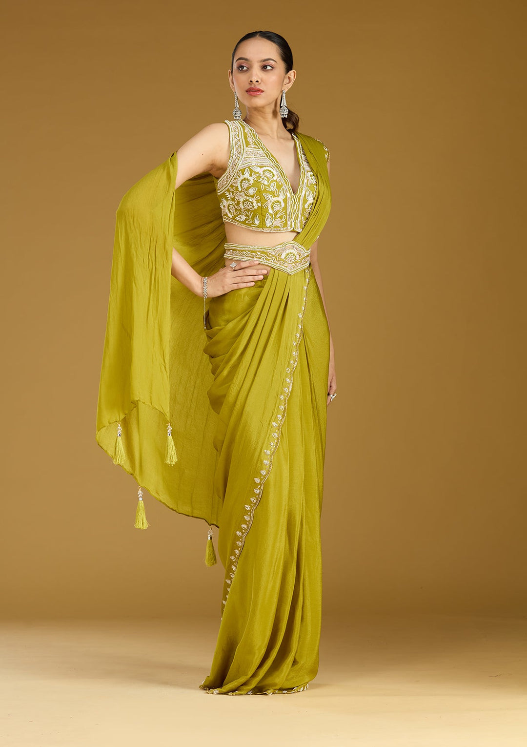 Mehandi Green Cutdana Satin Saree