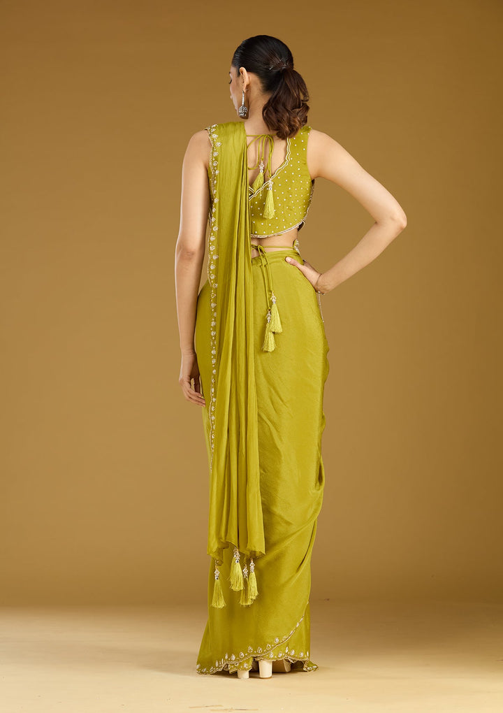 Mehandi Green Cutdana Satin Saree