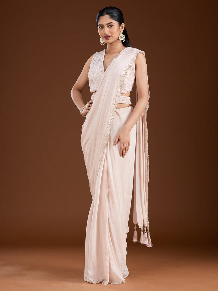 Off White Cutdana Satin Saree-Koskii
