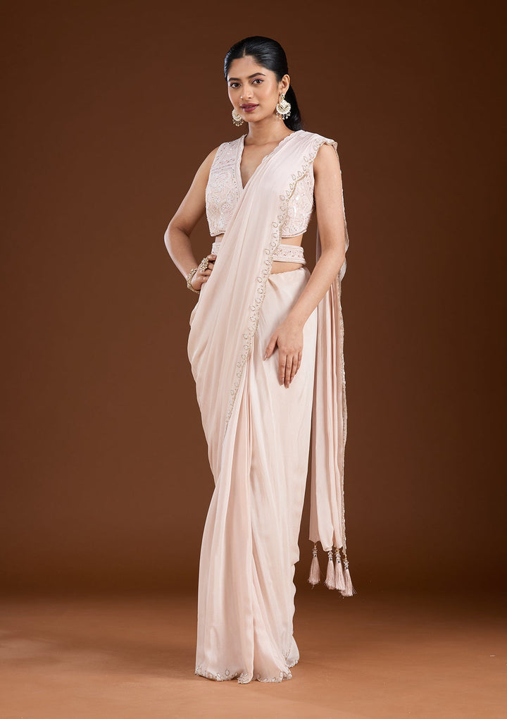 Off White Cutdana Satin Saree-koskii
