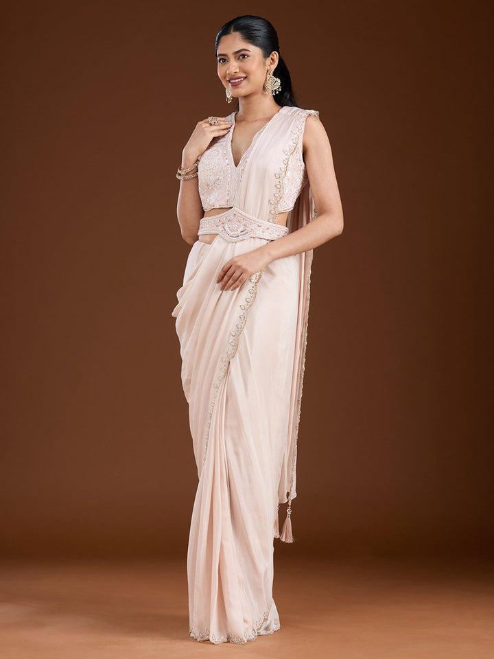 Off White Cutdana Satin Saree-Koskii