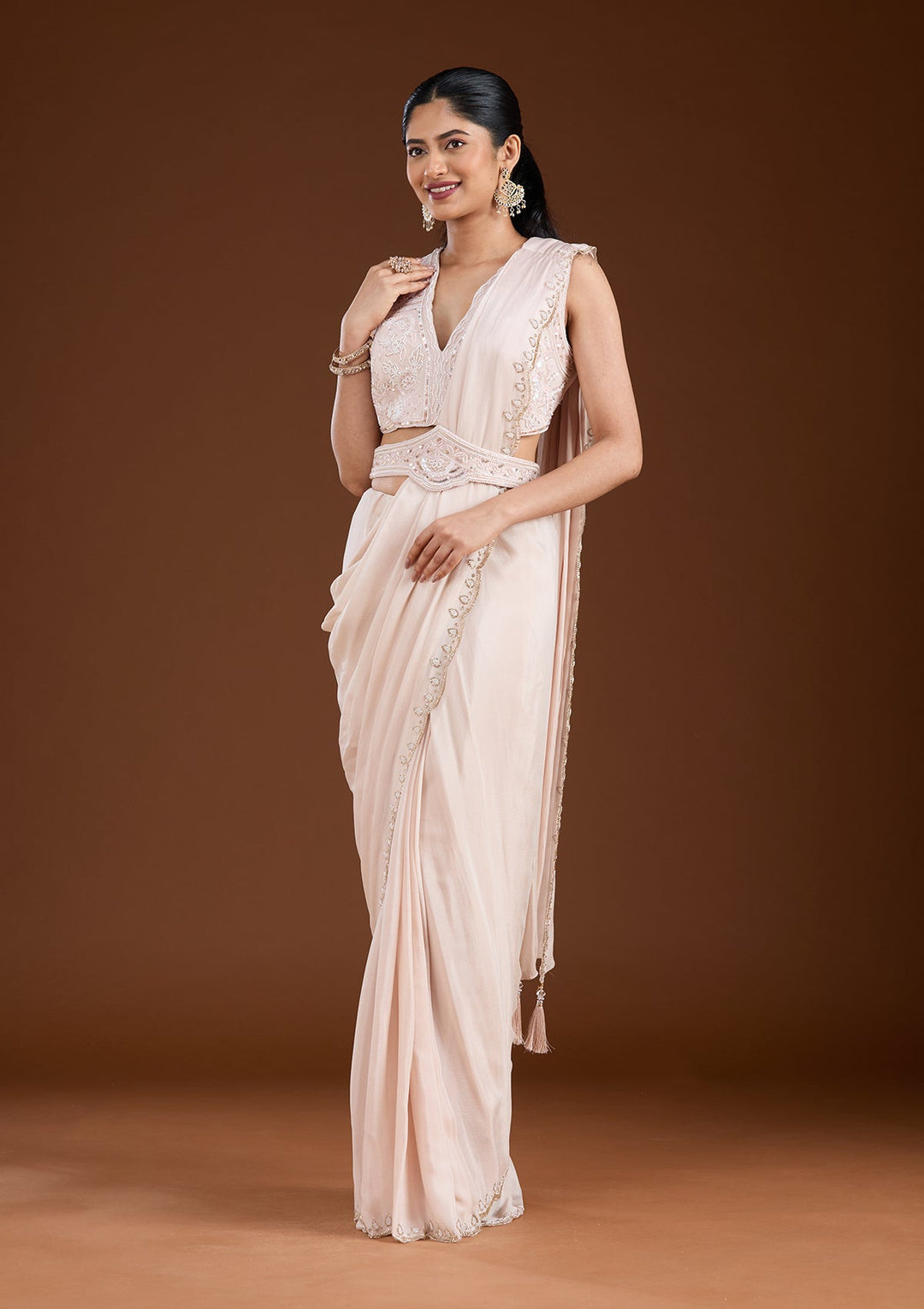 Off White Cutdana Satin Saree-koskii