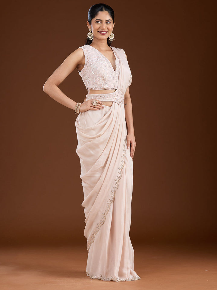 Off White Cutdana Satin Saree-Koskii