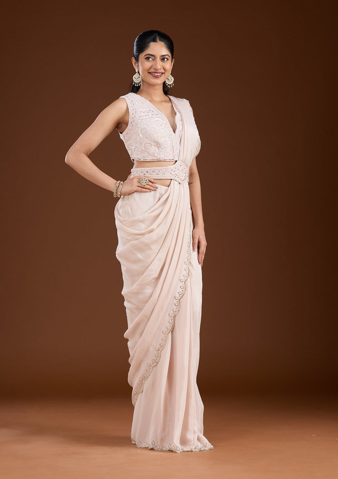 Off White Cutdana Satin Saree-koskii