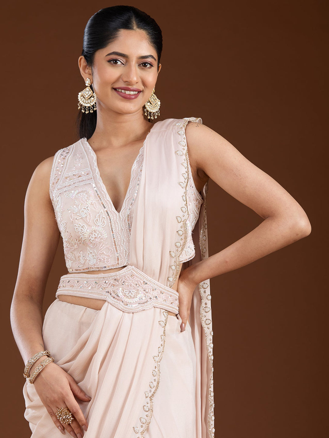 Off White Cutdana Satin Saree-Koskii