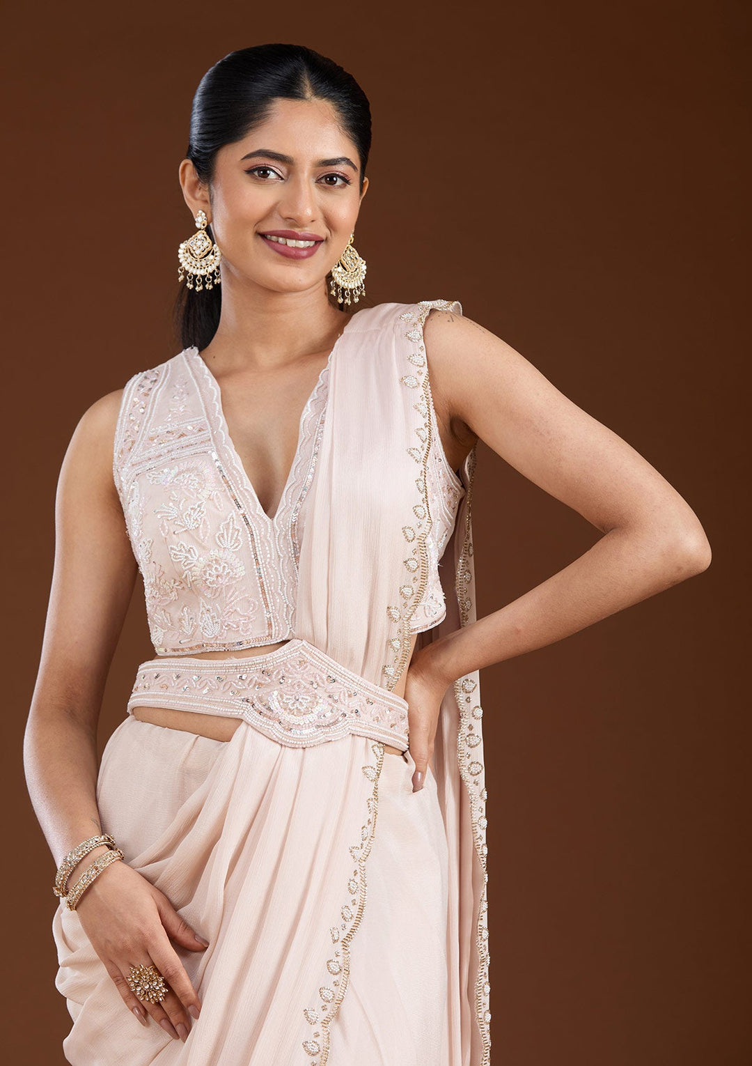 Off White Cutdana Satin Saree-koskii