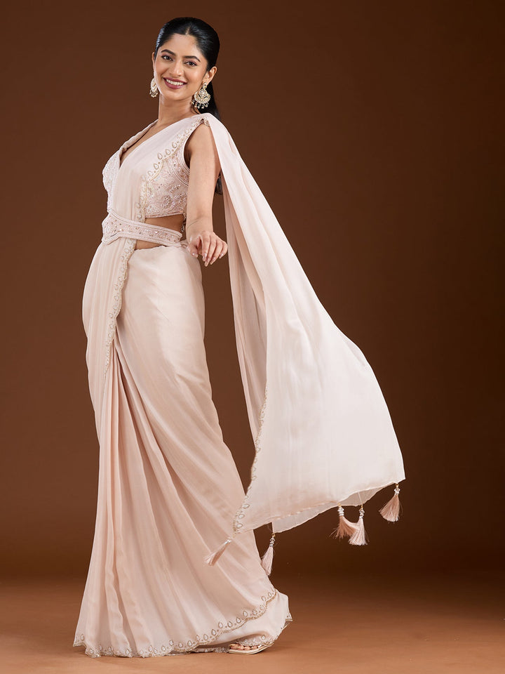 Off White Cutdana Satin Saree-Koskii