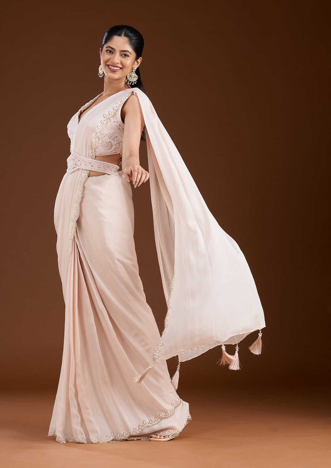 Off White Cutdana Satin Saree-koskii