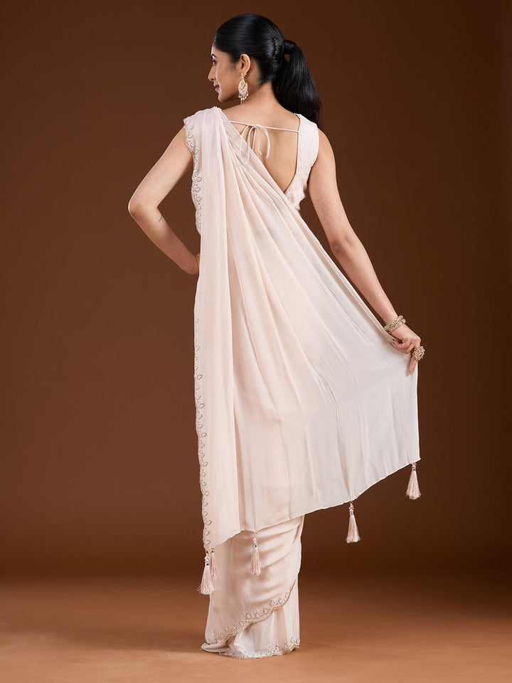 Off White Cutdana Satin Saree-Koskii