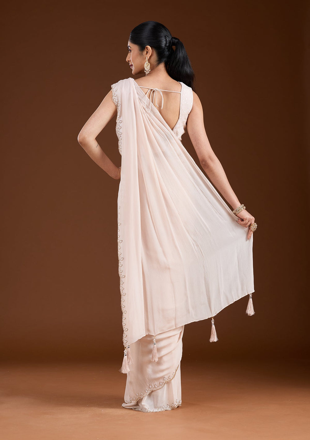 Off White Cutdana Satin Saree-koskii
