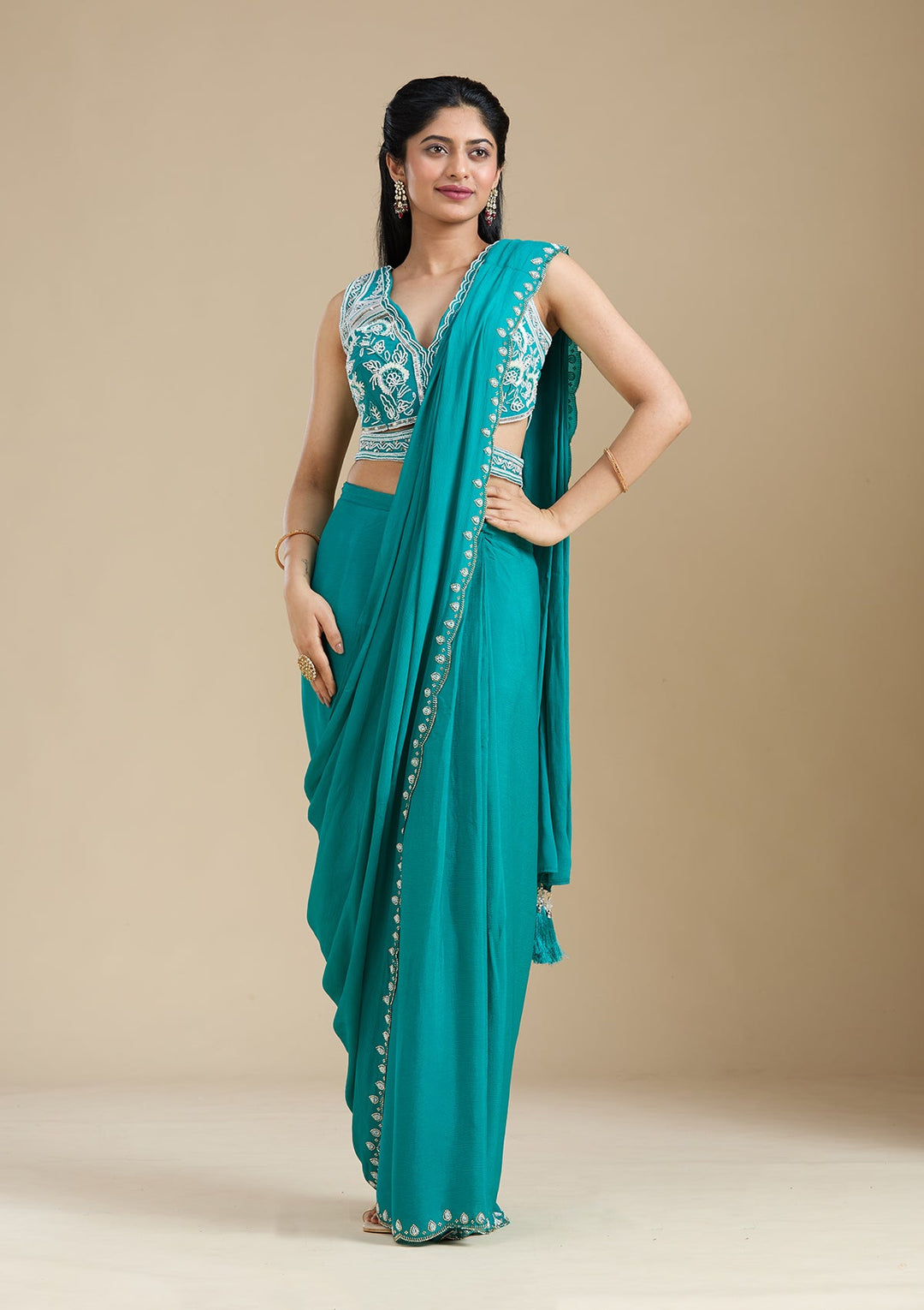 Turquoise Blue Cutdana Satin Saree_koskii