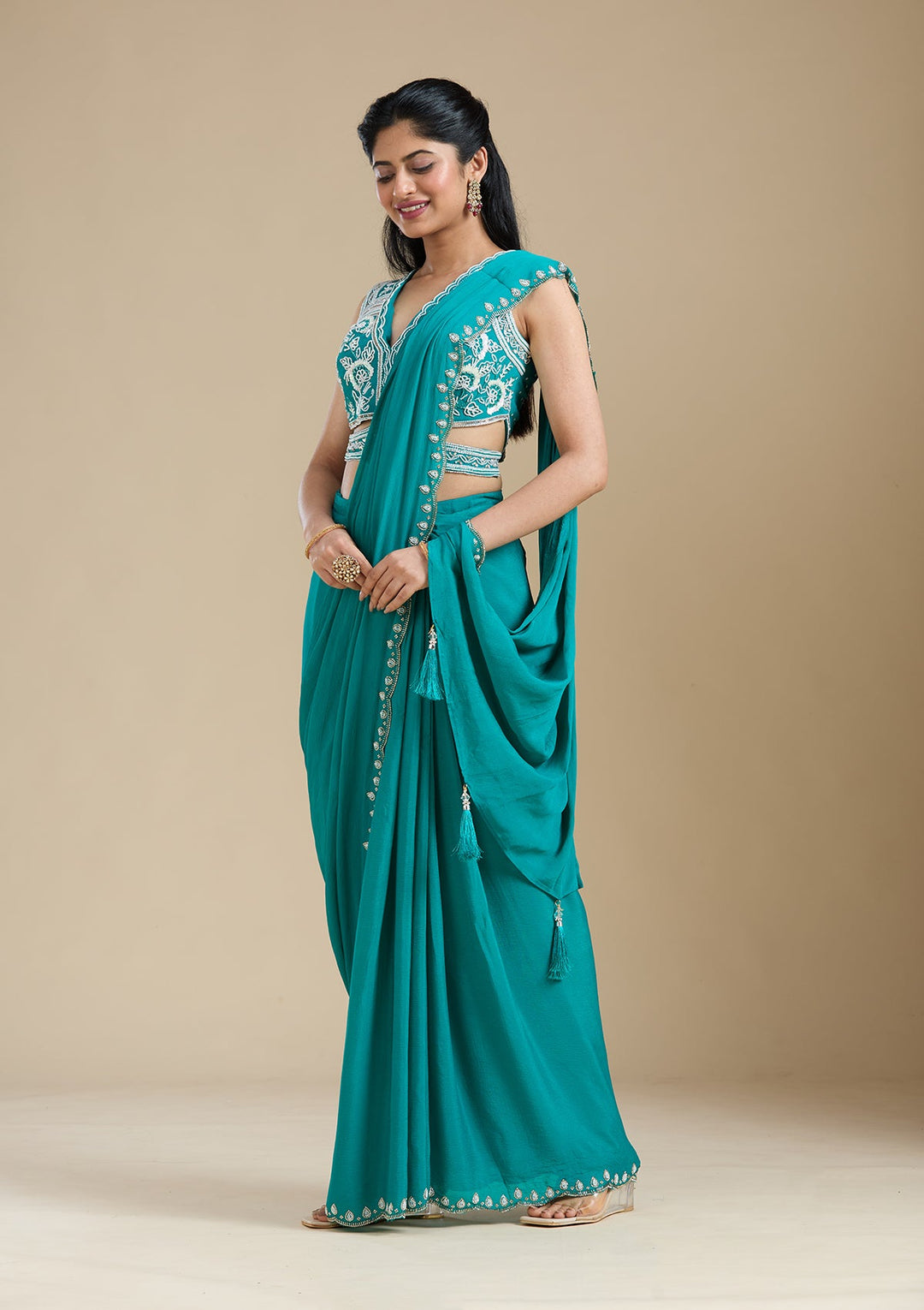Turquoise Blue Cutdana Satin Saree_koskii