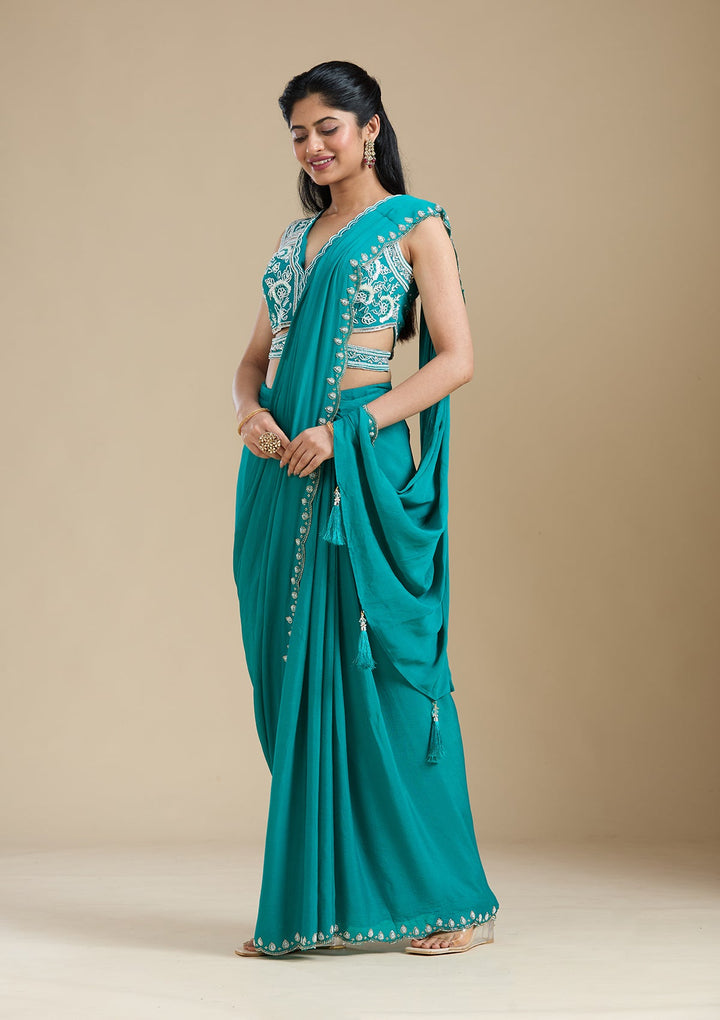 Turquoise Blue Cutdana Satin Saree_koskii