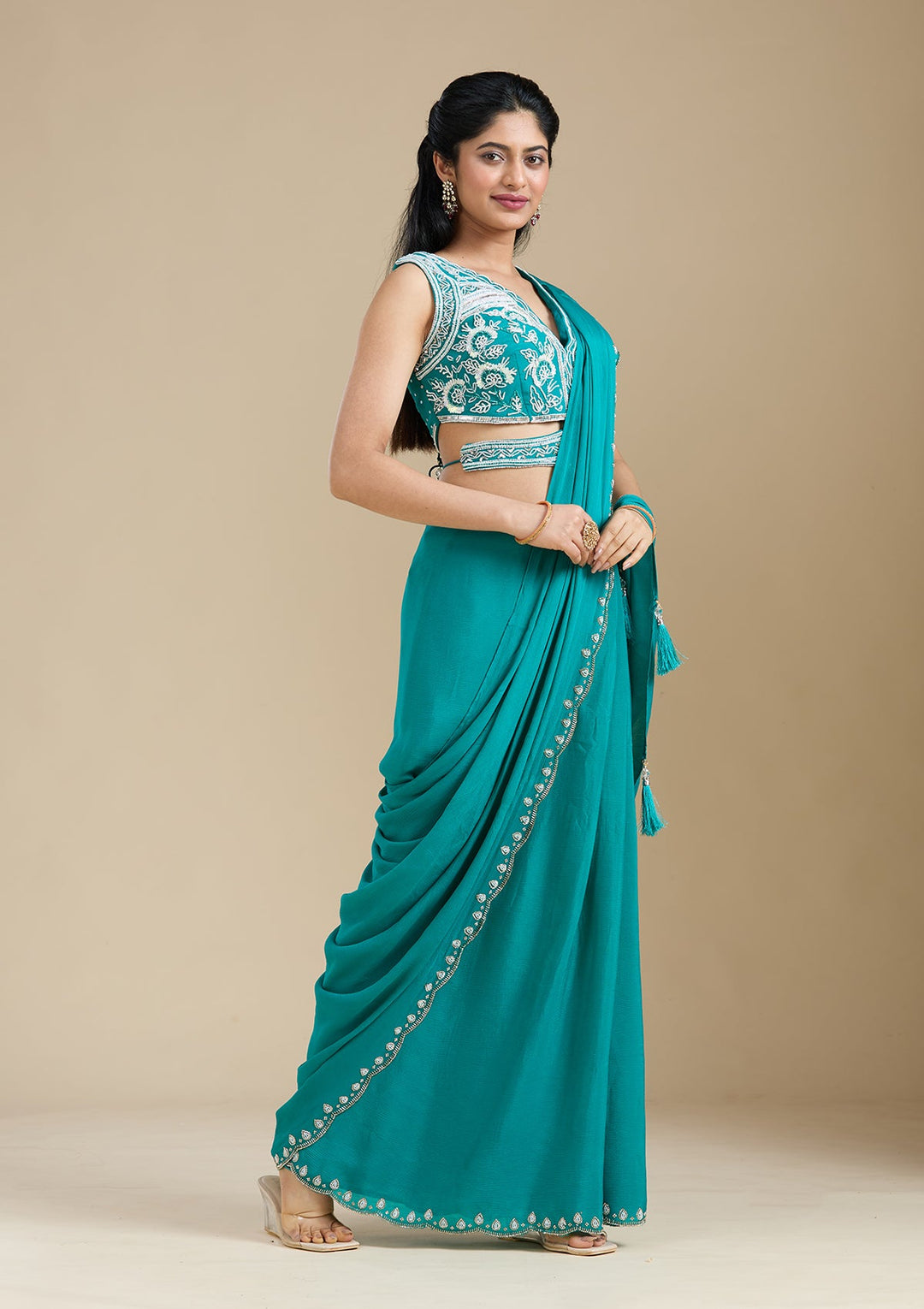 Turquoise Blue Cutdana Satin Saree_koskii