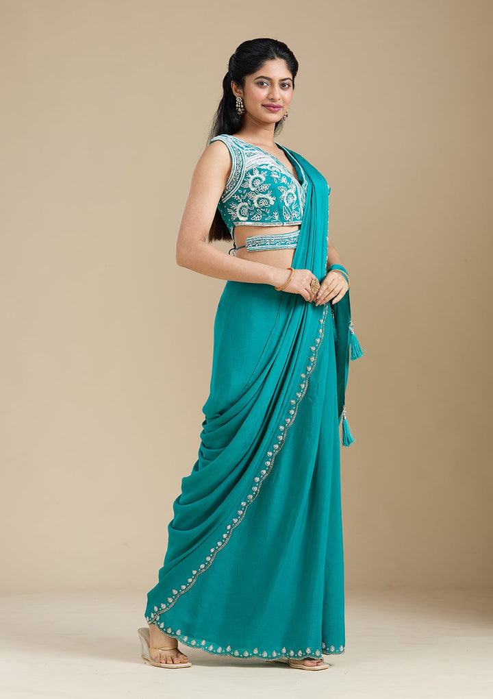Turquoise Blue Cutdana Satin Saree_koskii