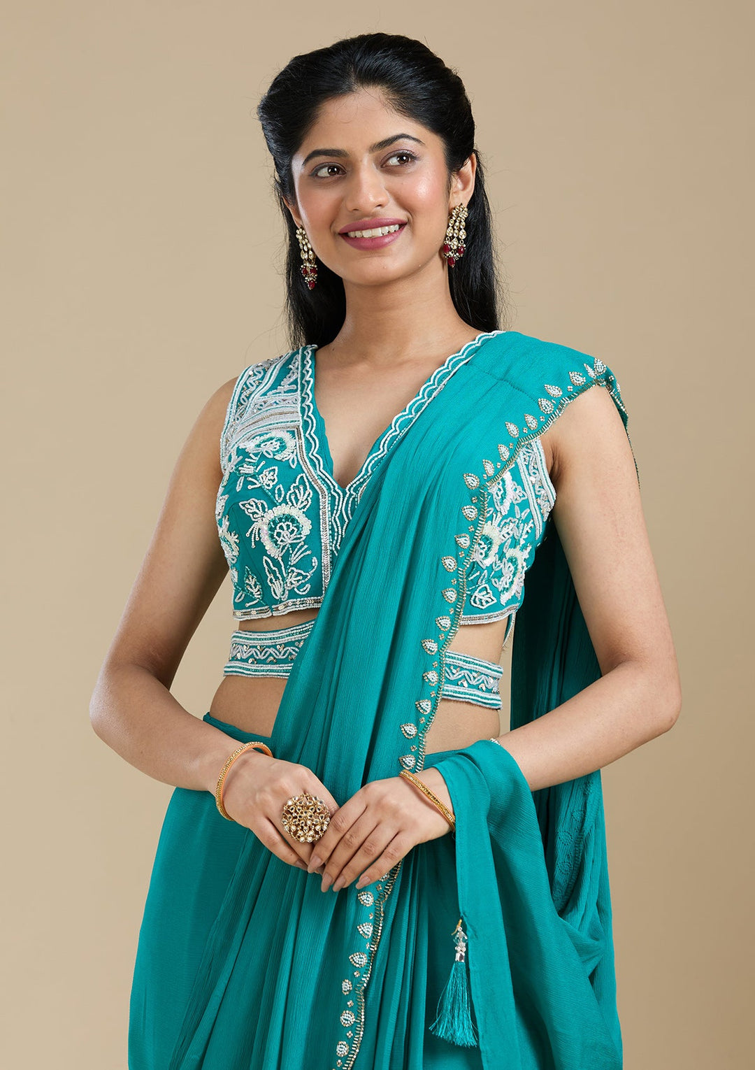 Turquoise Blue Cutdana Satin Saree_koskii