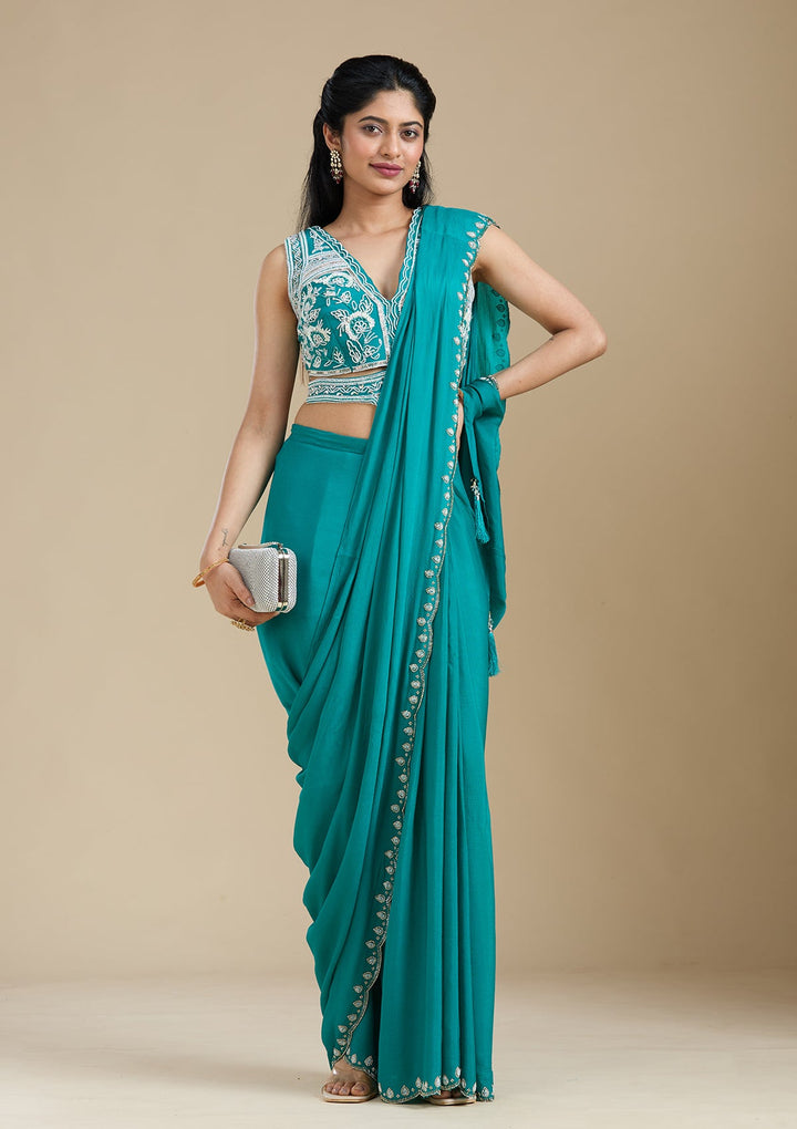 Turquoise Blue Cutdana Satin Saree-koskii