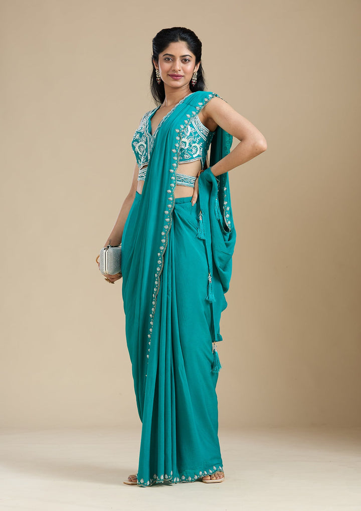 Turquoise Blue Cutdana Satin Saree_koskii