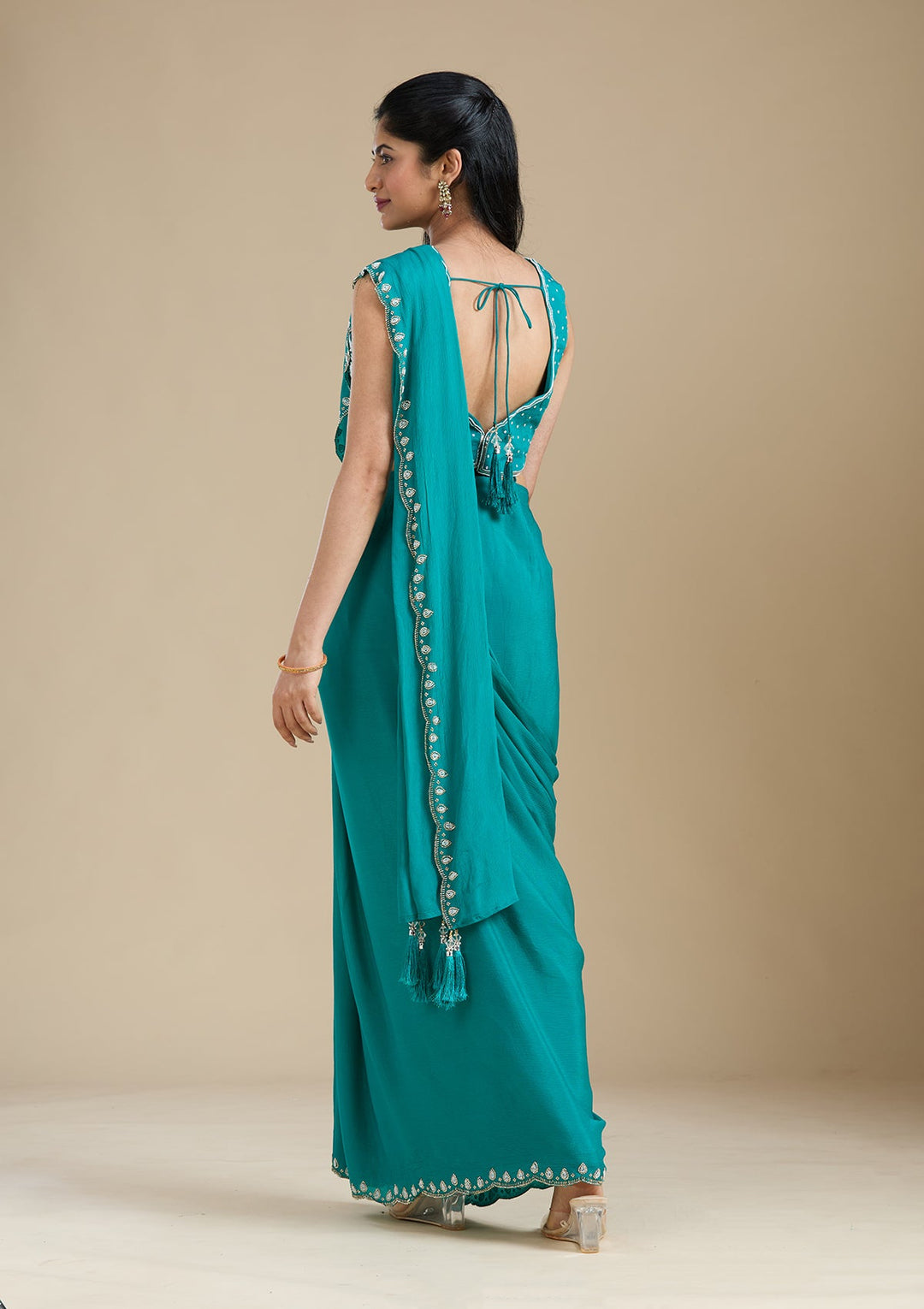 Turquoise Blue Cutdana Satin Saree_koskii