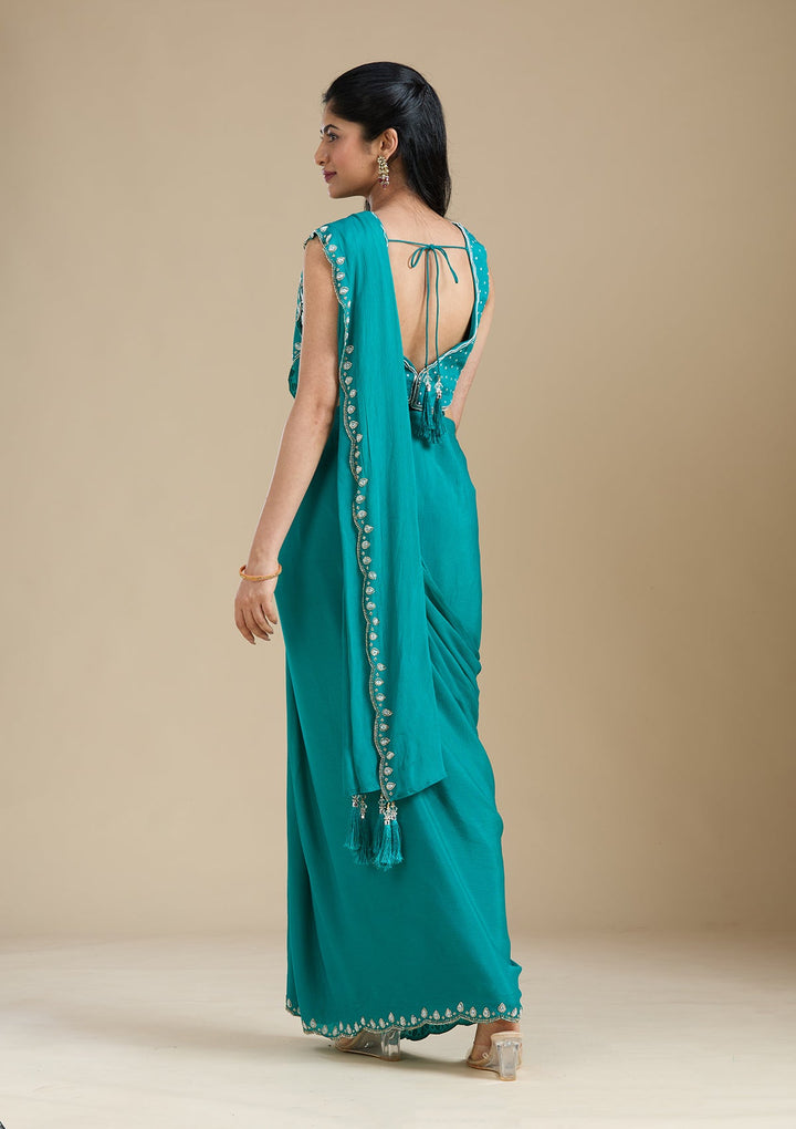 Turquoise Blue Cutdana Satin Saree_koskii