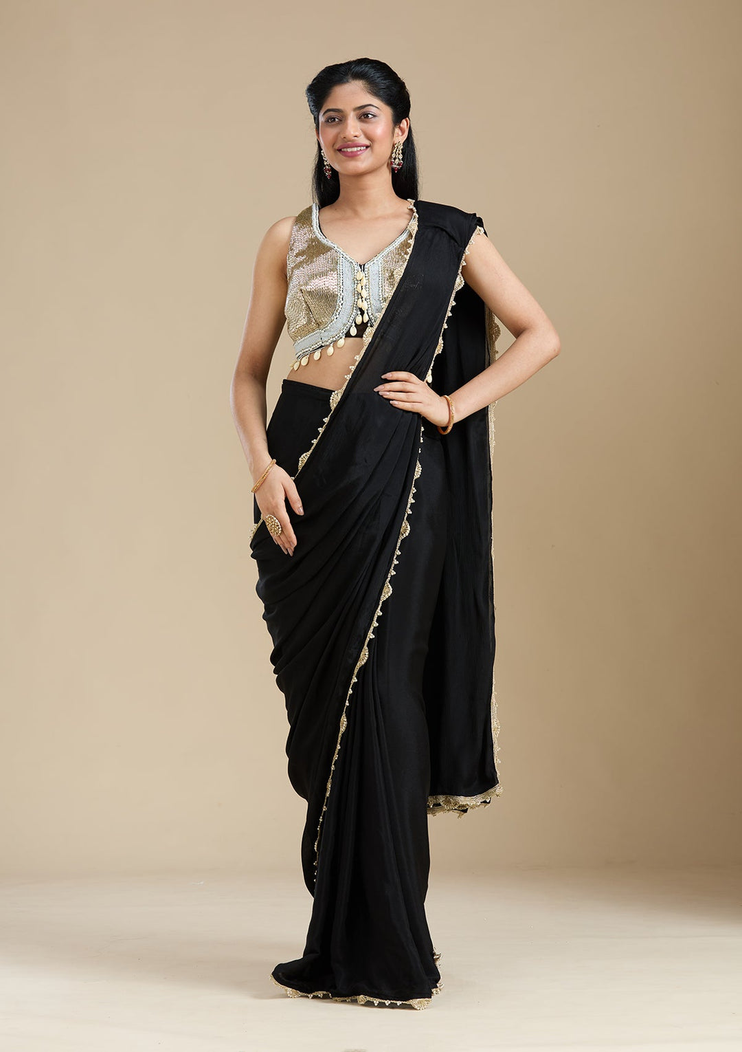 Black Sequins Satin Saree_koskii