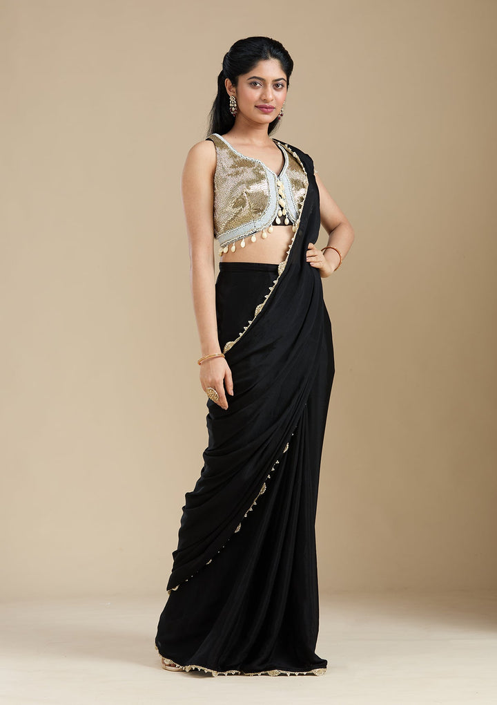 Black Sequins Satin Saree-koskii