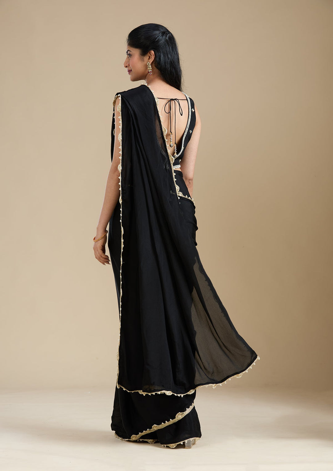 Black Sequins Satin Saree_koskii