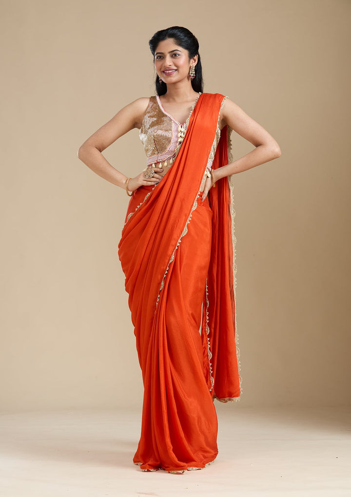 Orange Sequins Satin Saree-koskii