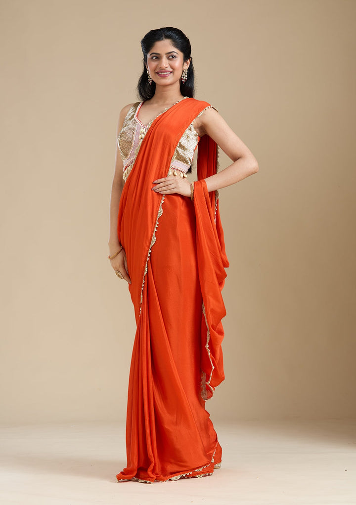 Orange Sequins Satin Saree-koskii