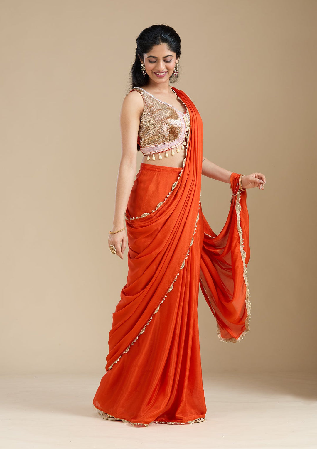 Orange Sequins Satin Saree-koskii