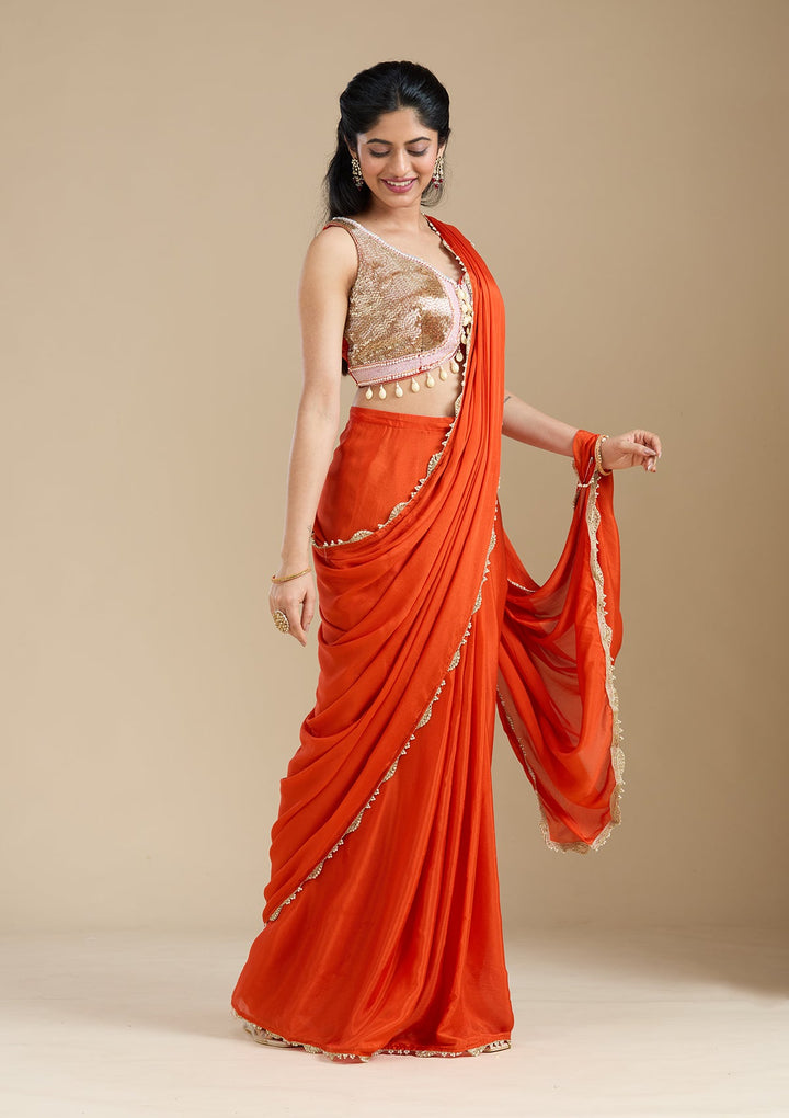 Orange Sequins Satin Saree-koskii