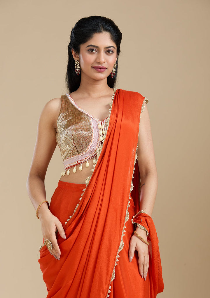 Orange Sequins Satin Saree_koskii