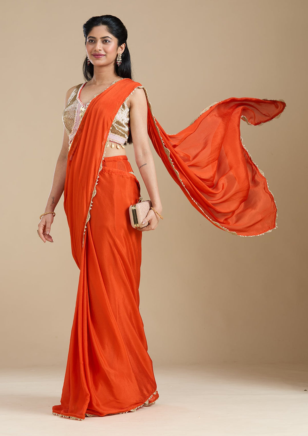 Orange Sequins Satin Saree-koskii