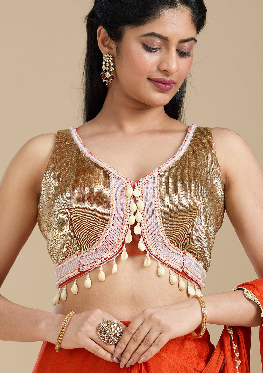 Orange Sequins Satin Saree-koskii