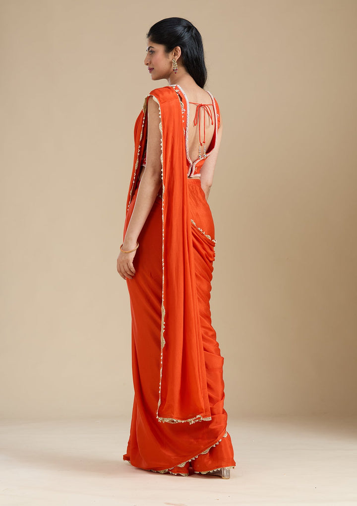 Orange Sequins Satin Saree_koskii