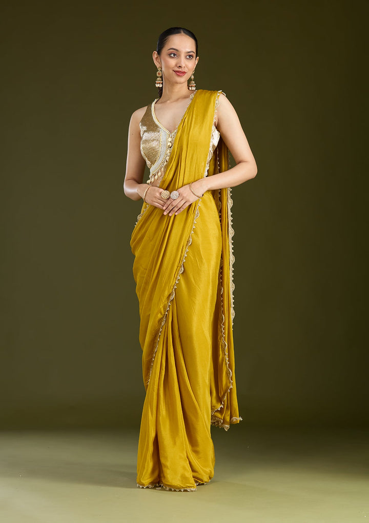 Yellow Sequins Satin Saree