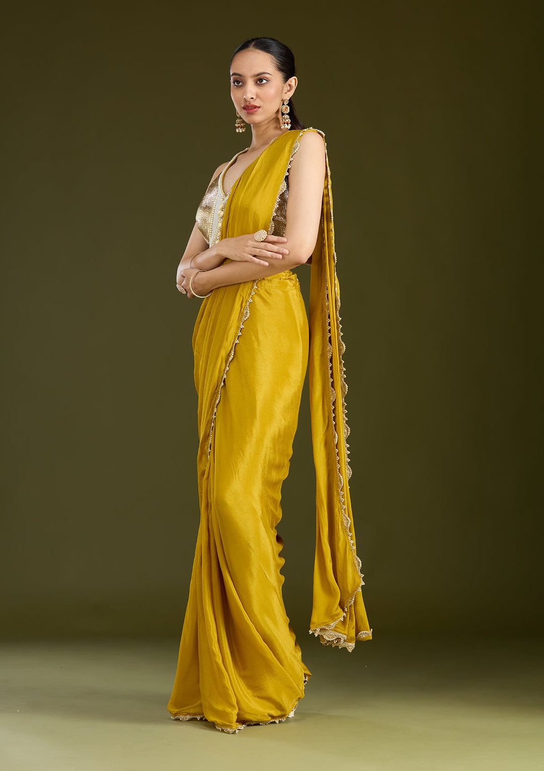 Yellow Sequins Satin Saree